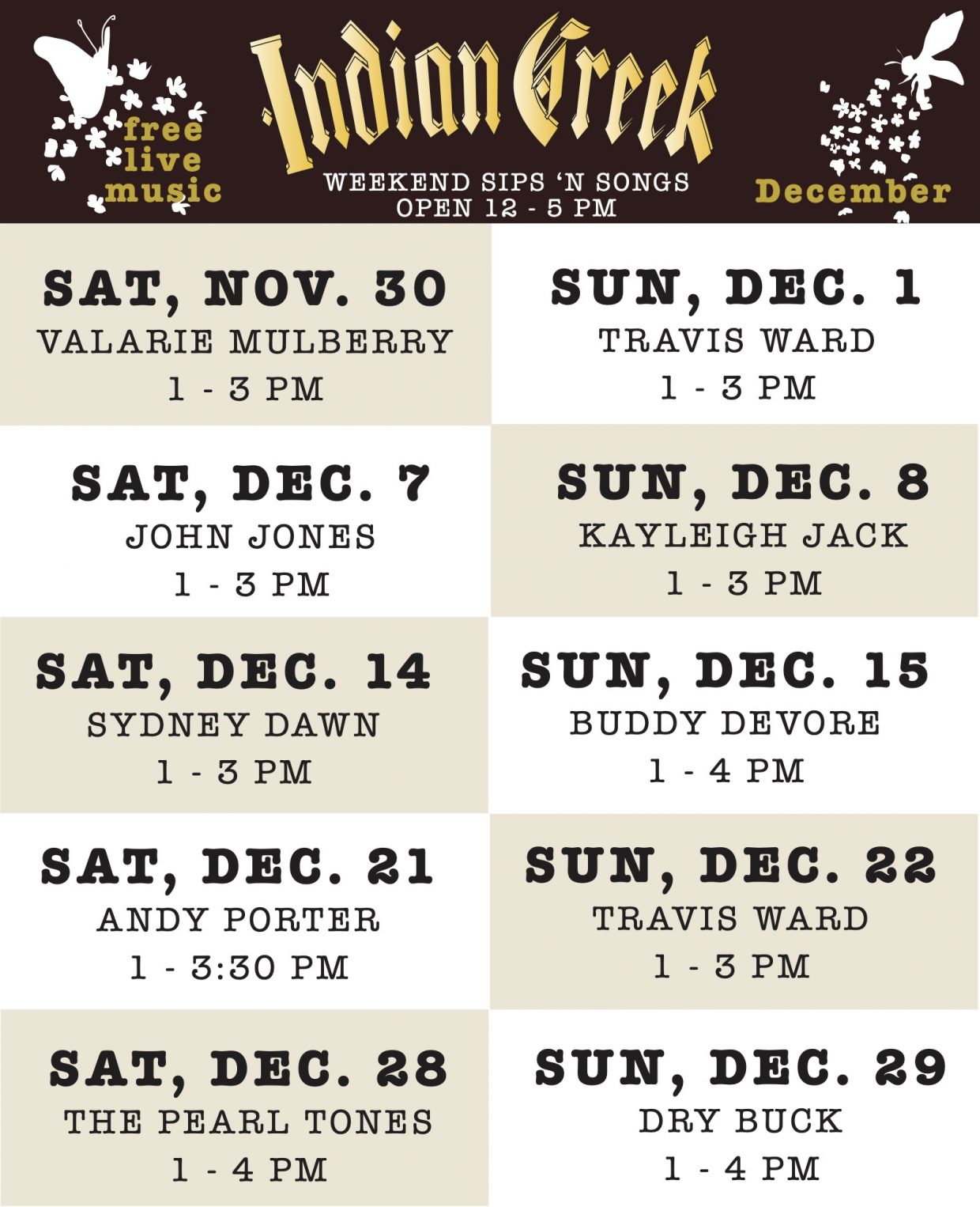 December Sips ‘n Songs every weekend!